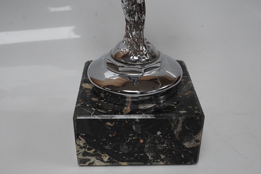 A chrome Spirit of Ecstasy car mascot on marble base, 13.5cm high not including marble base. Condition - good